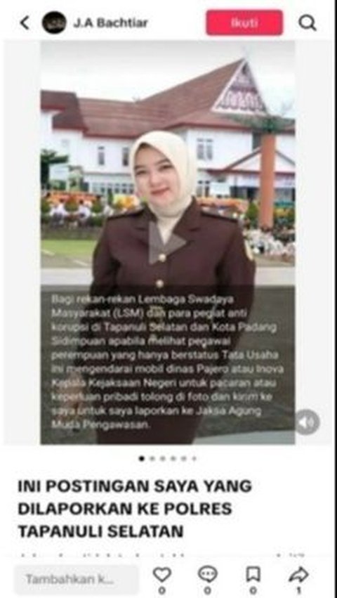 Unggahan konten negatif dari Jaksa Jovi Andrea yang dibuat di media sosial