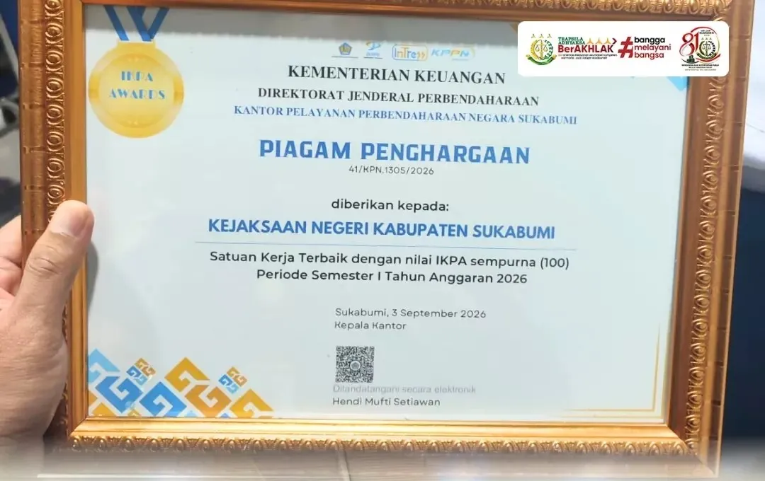 Raih Nilai IKPA Sempurna, Kejari Kab Sukabumi Terima Penghargaan dari KPPN