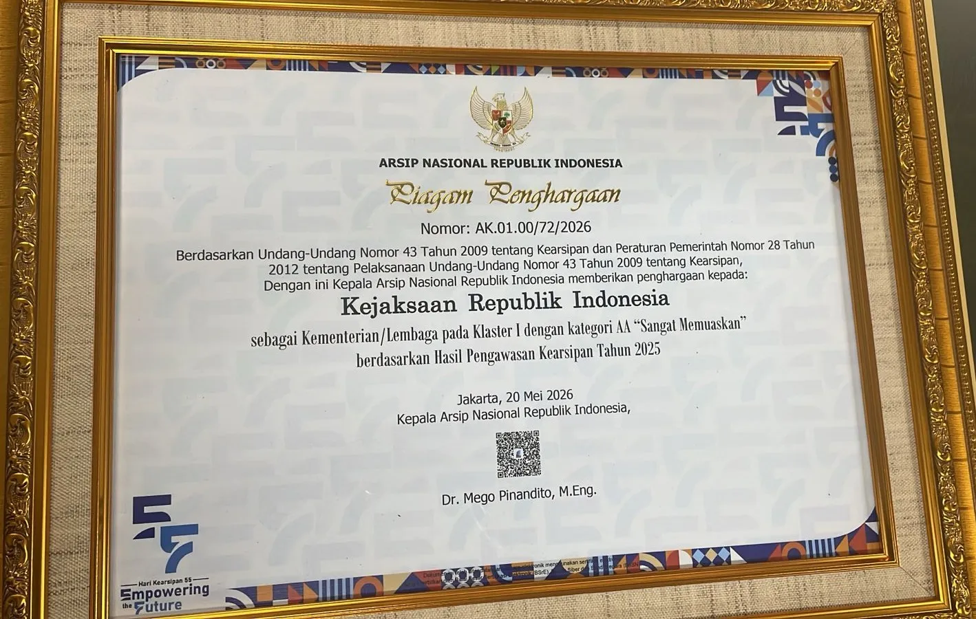 Raih Nilai Sangat Memuaskan, Kejaksaan RI Terima Penghargaan Tata Kelola Kearsipan Kategori AA dari ANRI
